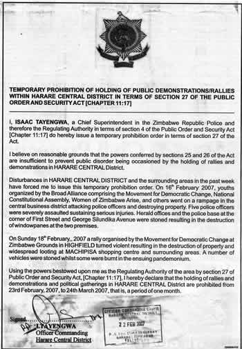 Temporary prohibition of holding of public demonstrations/rallies within Harare Central district in terms of section 27 of the Public Order and Security Act [Chapter 11.17]