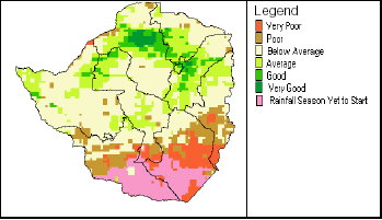 Water Requirement Satisfaction Index (WRSI) Model Maize Crop Performance Forecast, end of March 2005