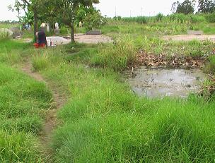 An open pit collects sewerage near a communal well