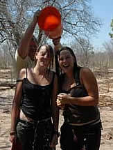 Volunteers take a shower